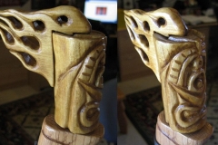 V8 Tiki "hood ornament" carved for walking stick topper.